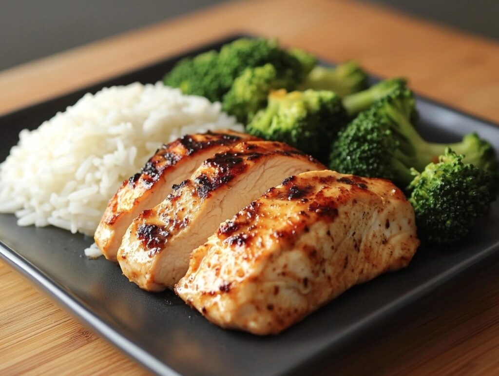 Rice chicken broccoli healthy meal on a modern plate.