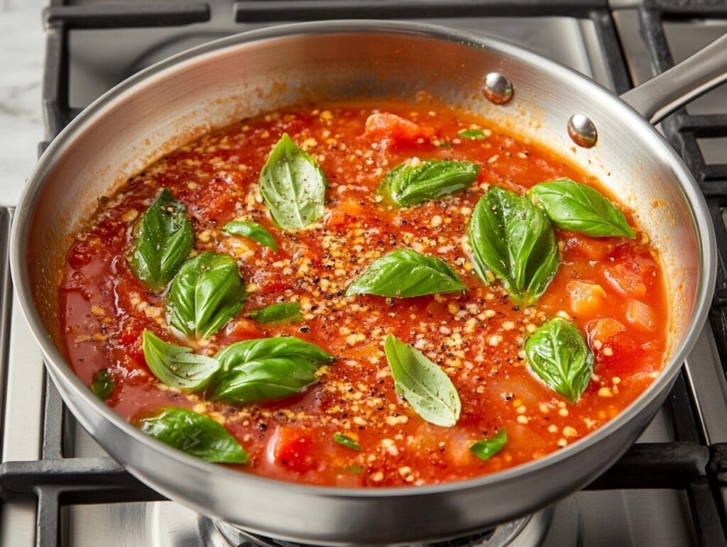 omato-based sauce simmering in a skillet with fresh basil and red pepper flakes.