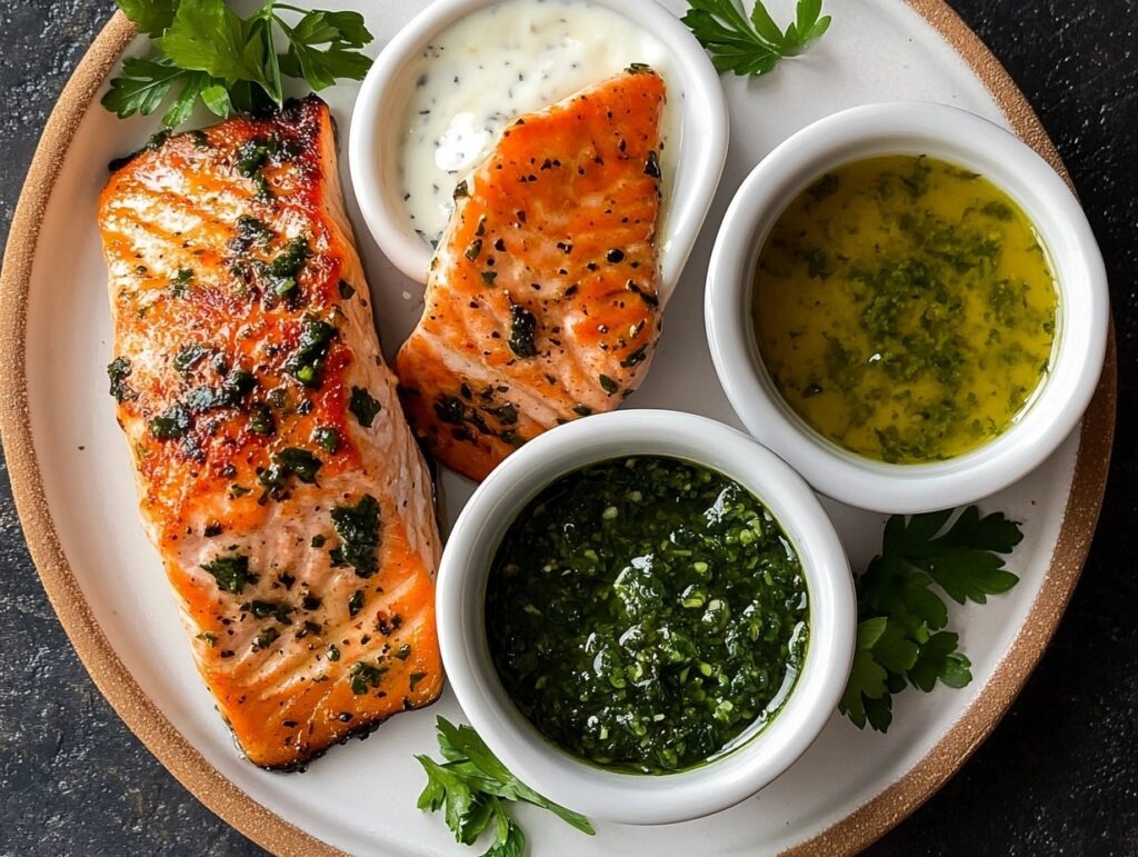 Yogurt dressing, chimichurri, and citrus glaze served alongside a plated salmon