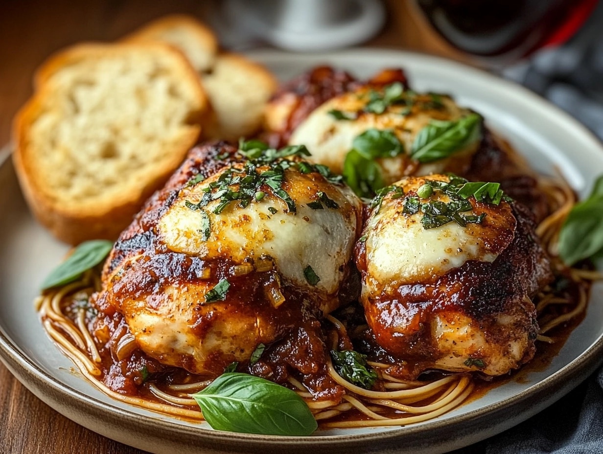 A beautifully plated serving of Godfather Chicken garnished with fresh basil and paired with garlic bread.