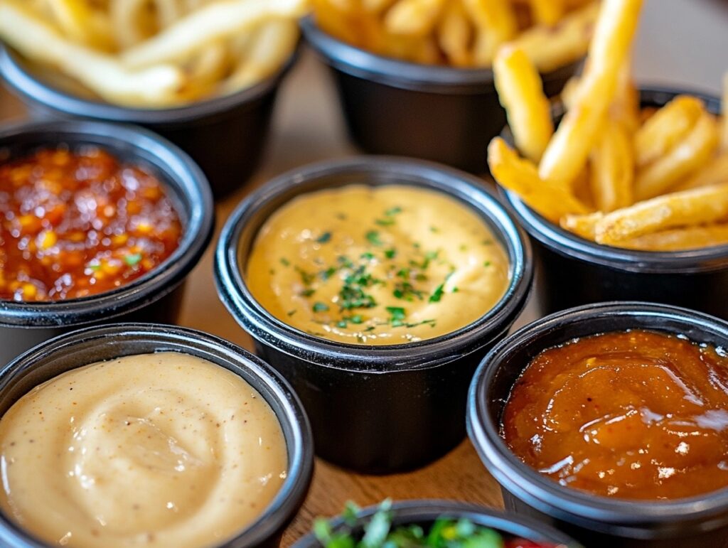 Dipping sauces like garlic aioli, honey mustard, and sriracha with chicken fries