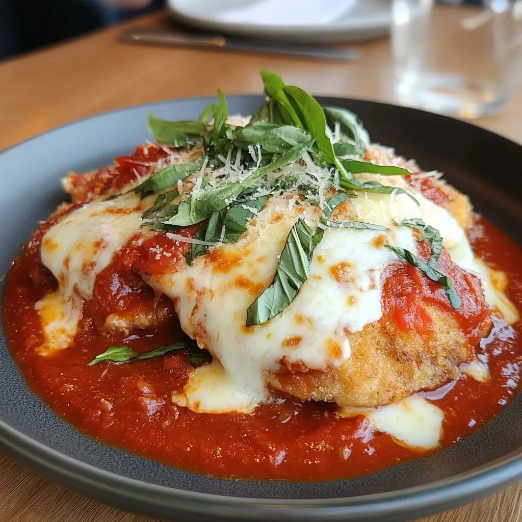 A beautifully plated Chicken Parmigiana dish served with garlic bread and salad for a complete meal