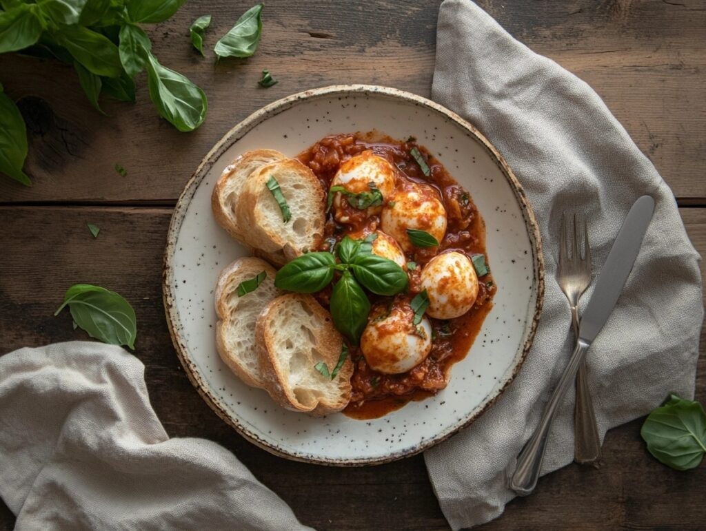 Eggs in Purgatory served with bread slices on a plate, garnished with basil