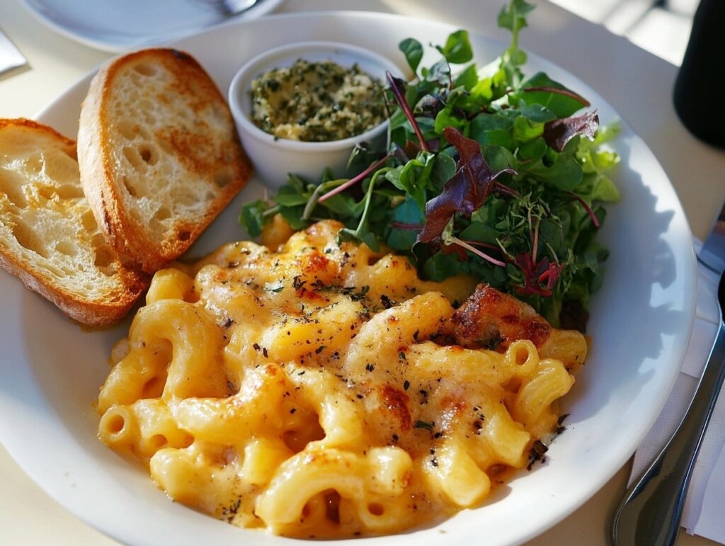 Mac and cheese served with a green salad and garlic bread on a dining table