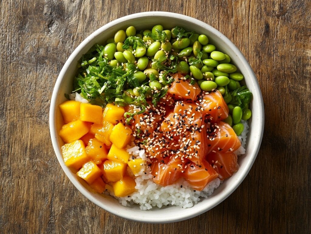 A vibrant poke bowl with raw salmon, mango, and edamame