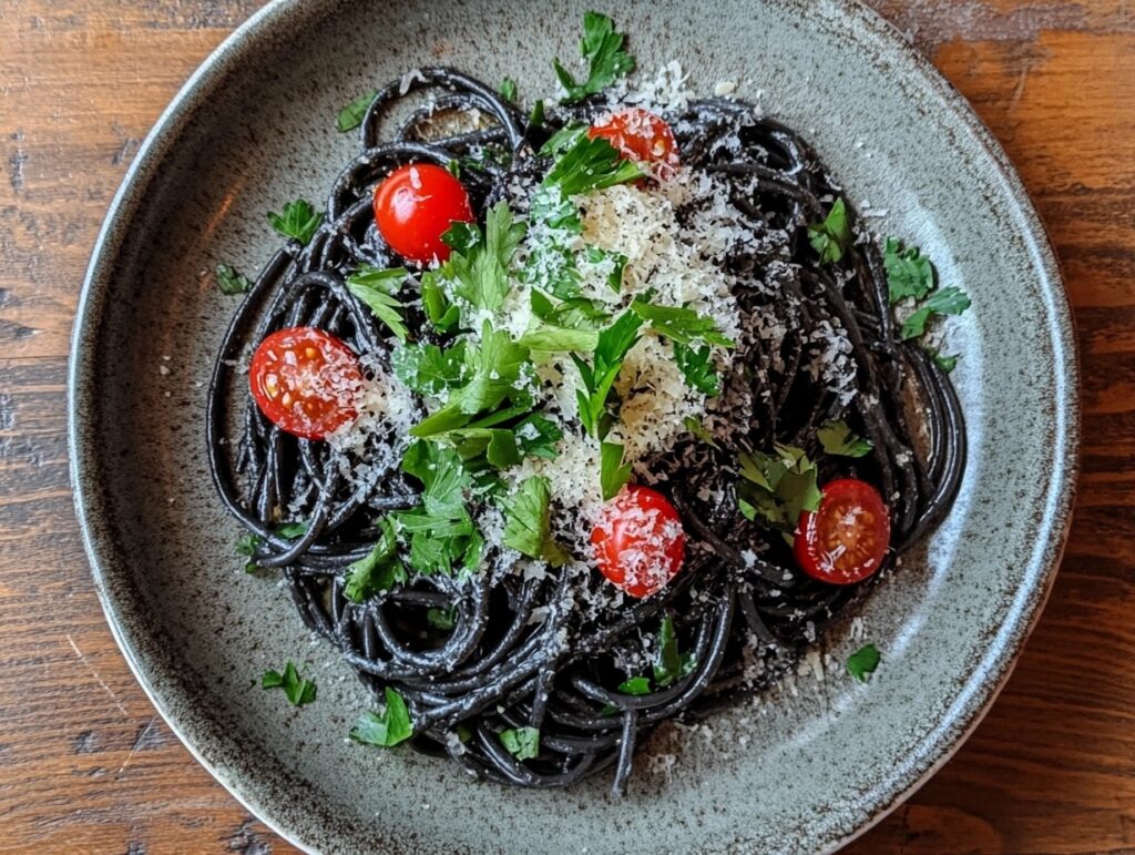 Black squid ink pasta garnished with parsley, cherry tomatoes, and parmesan cheese.