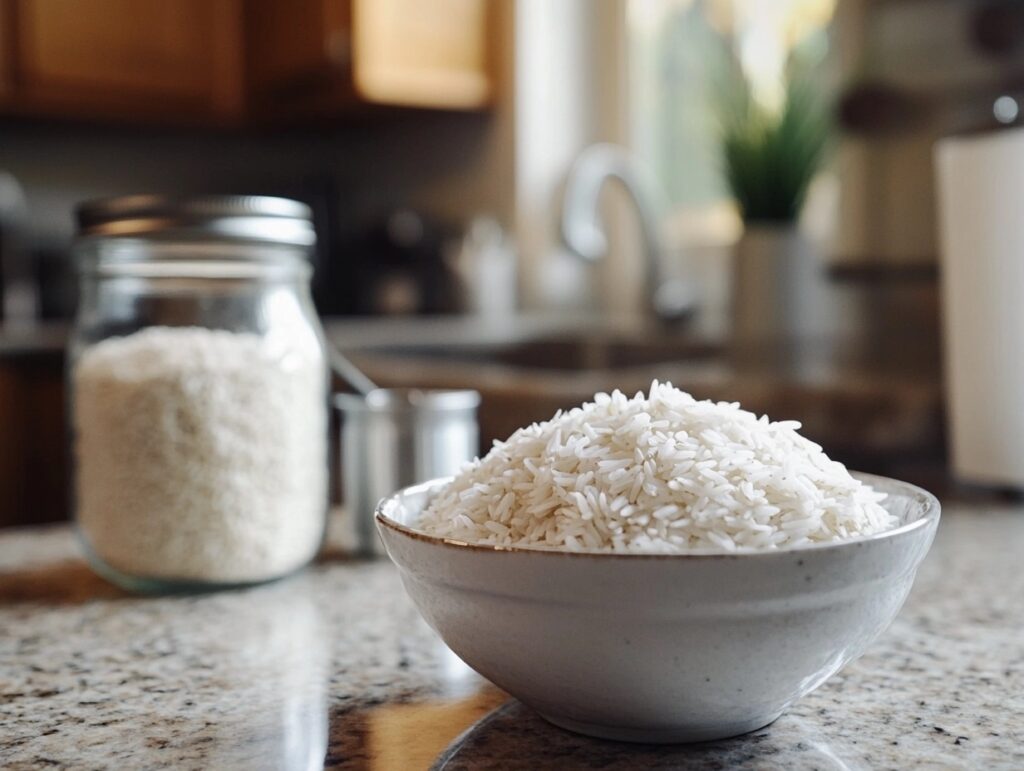 Bowl of cooked rice with steam rising