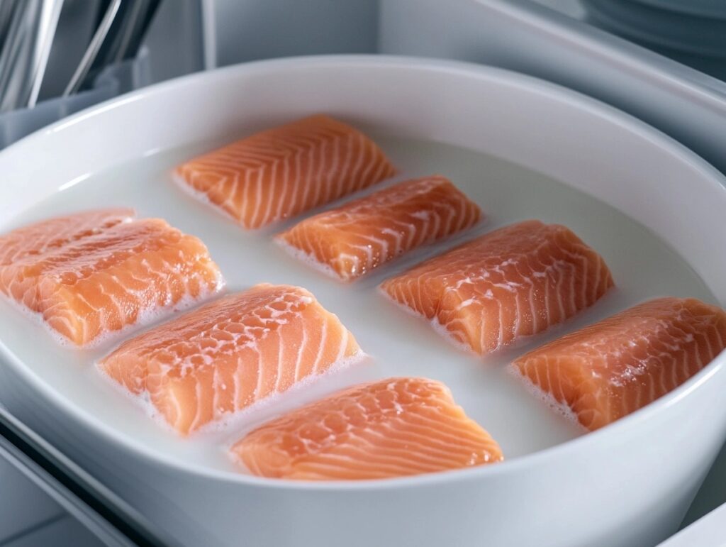 Salmon fillets soaking in a bowl of milk in the fridge