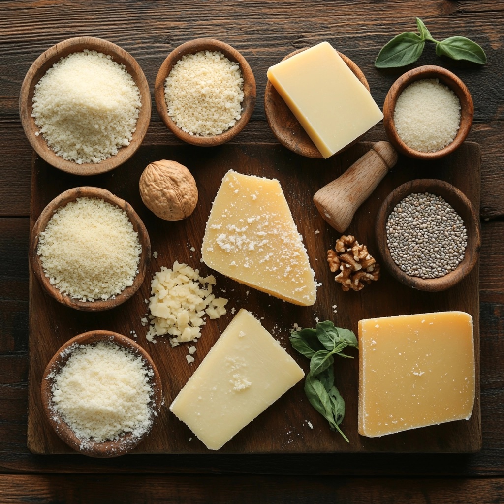 "A selection of Parmesan substitutes like Pecorino Romano, Grana Padano, and nutritional yeast on a wooden board."