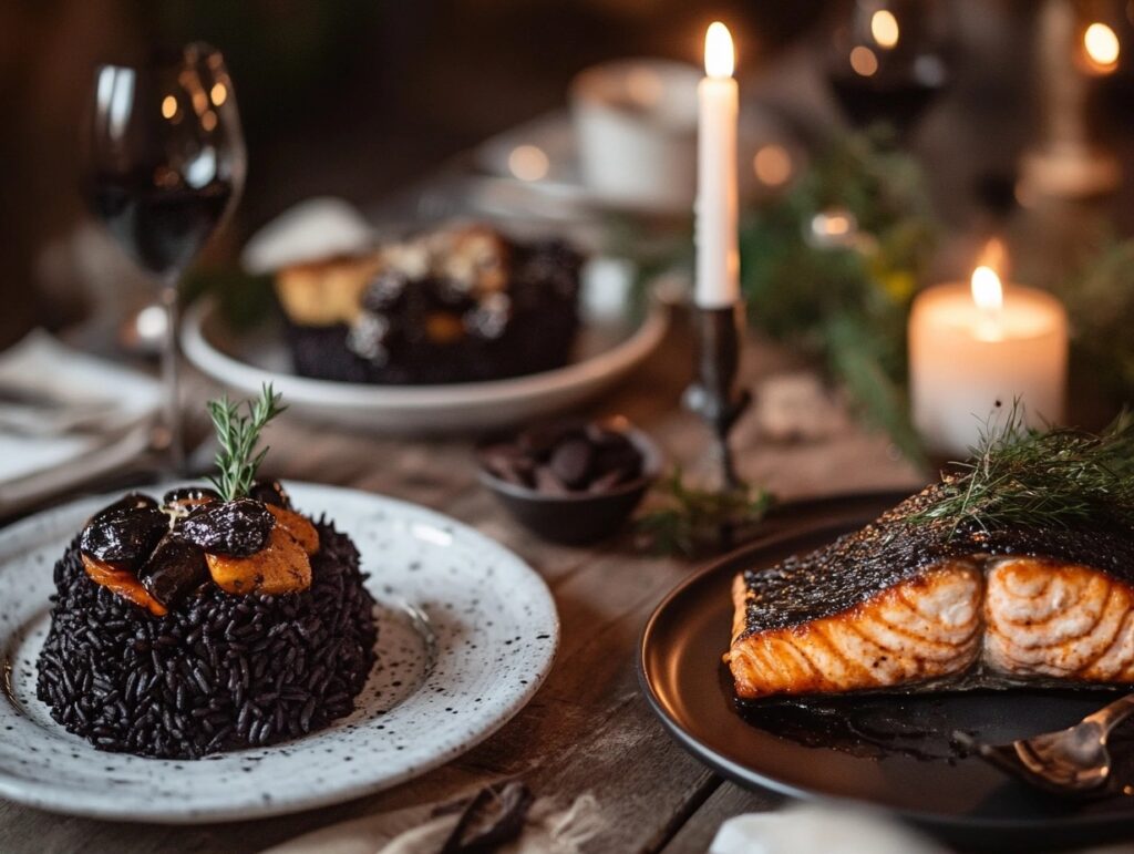 Black-themed dinner table with candles, featuring black rice and dark chocolate desserts.