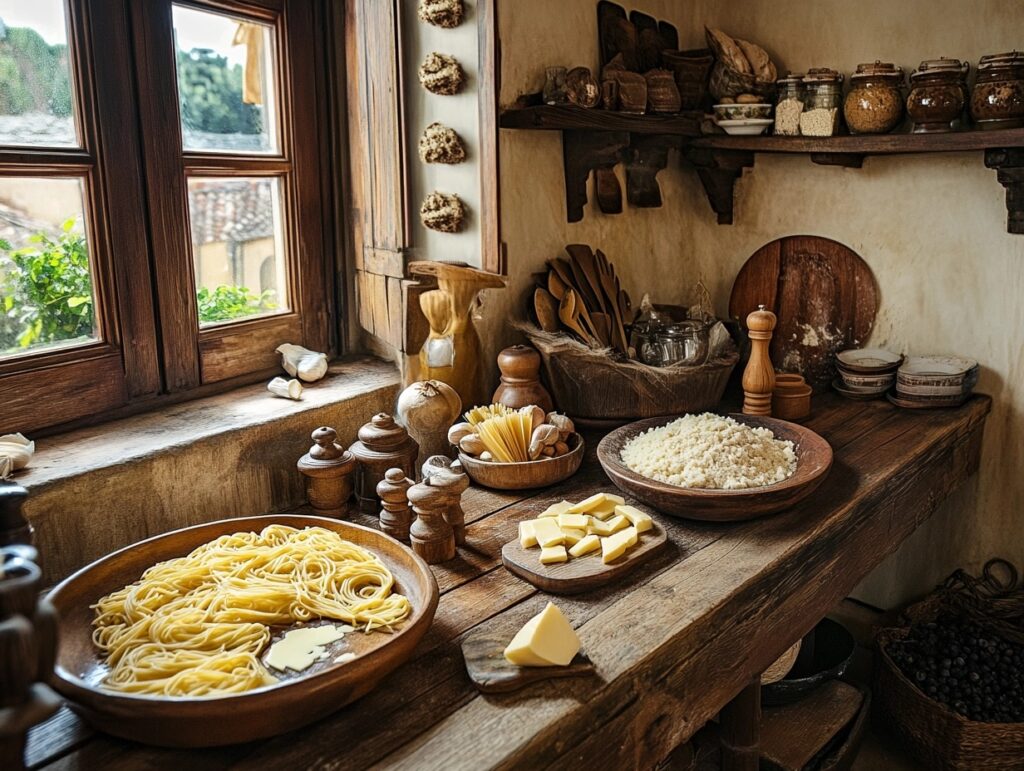 Traditional Italian kitchen setup with Parmesan, butter, and pasta