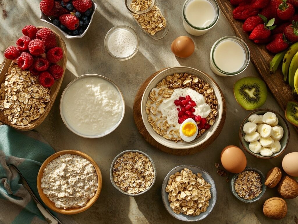 An assortment of breakfast essentials like oatmeal, fruits, milk, and eggs