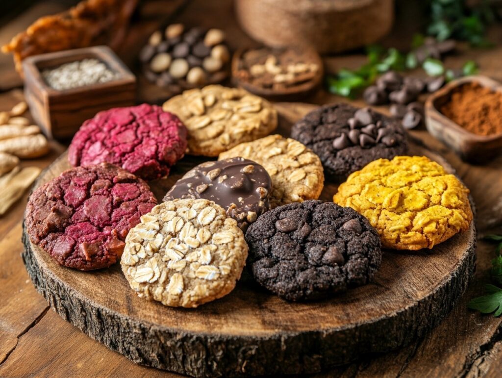 A colorful assortment of vegan cookies in different flavors, displayed on a rustic plate with natural ingredients in the background