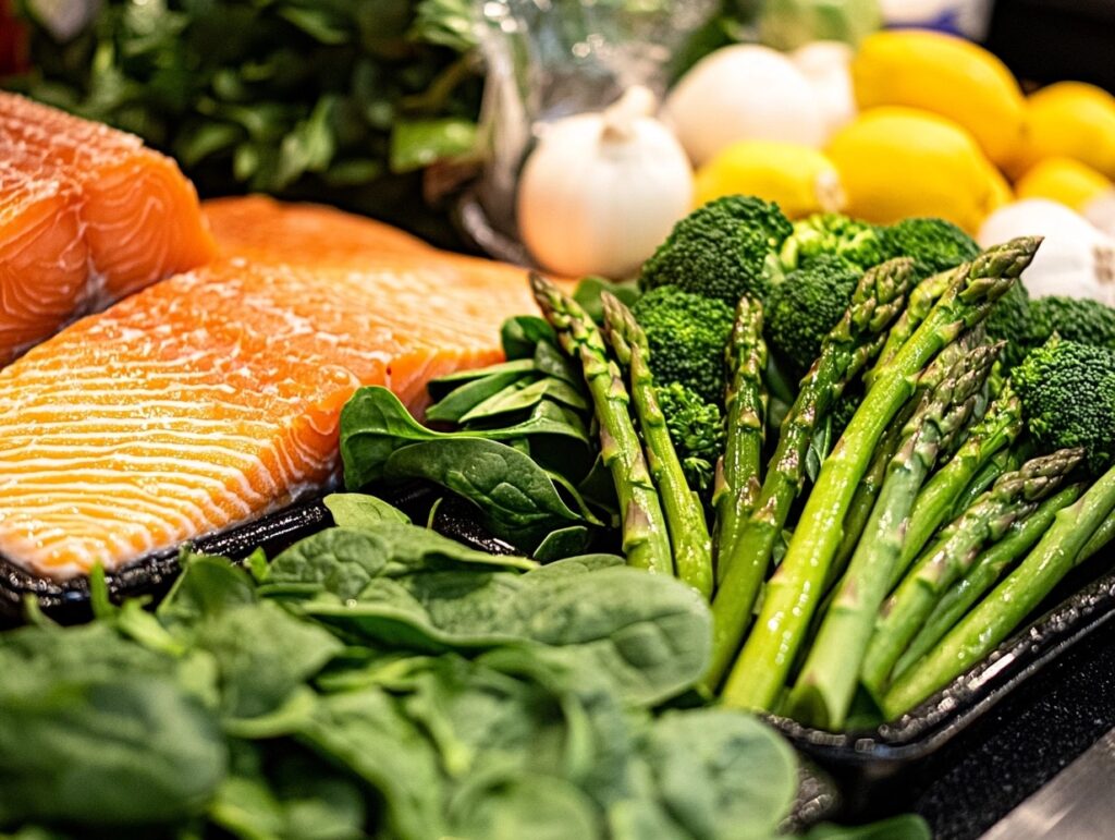 Grilled salmon fillet served with fresh vegetables like asparagus, broccoli, and spinach.