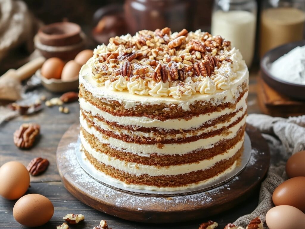 Beautiful cake with crunchy toppings on a wooden table.