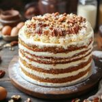 Beautiful cake with crunchy toppings on a wooden table.