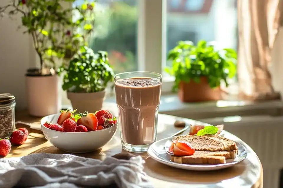 A chocolate breakfast shake next to fresh fruit and whole-grain toast on a wooden table with sunlight in the background