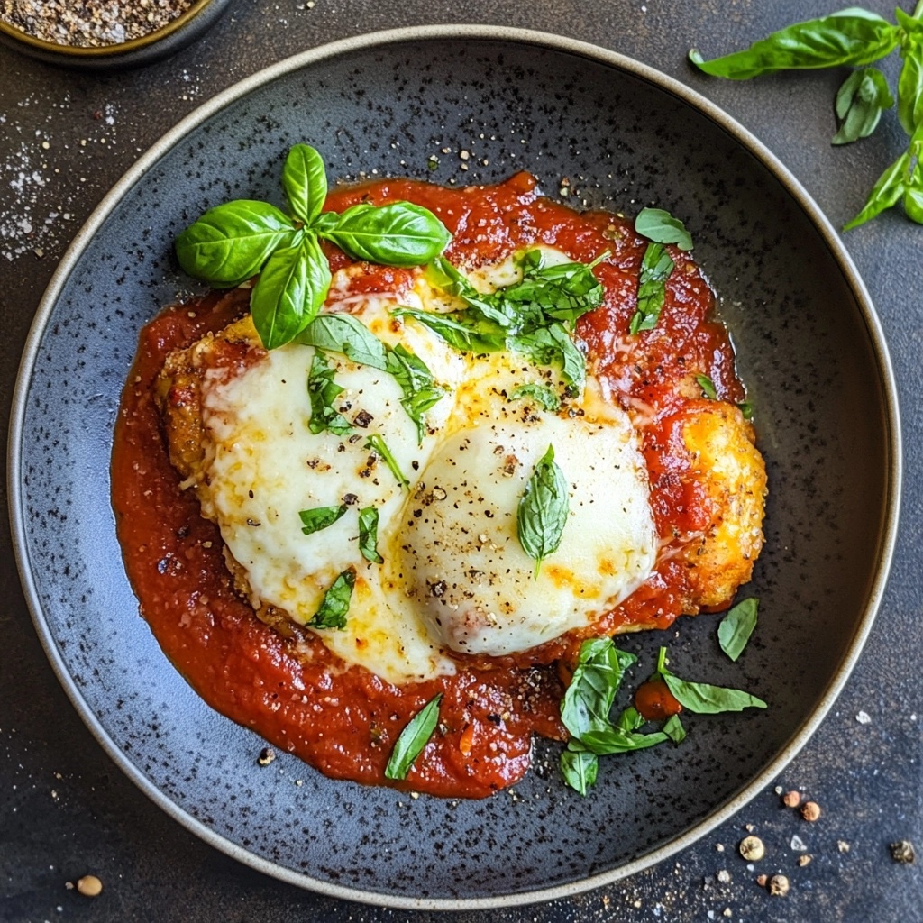 "A plate of Chicken Parmesan topped with tomato sauce, basil, and melted cheese."