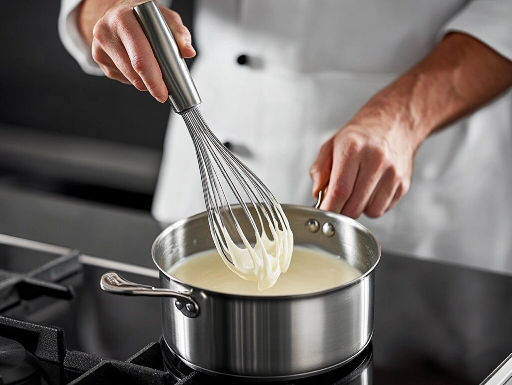 A chef whisking cream and chicken broth in a saucepan on a stove