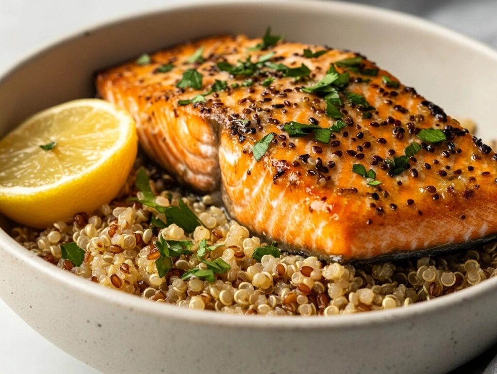 A bowl of quinoa, farro, and brown rice paired with a salmon fillet for a balanced meal.