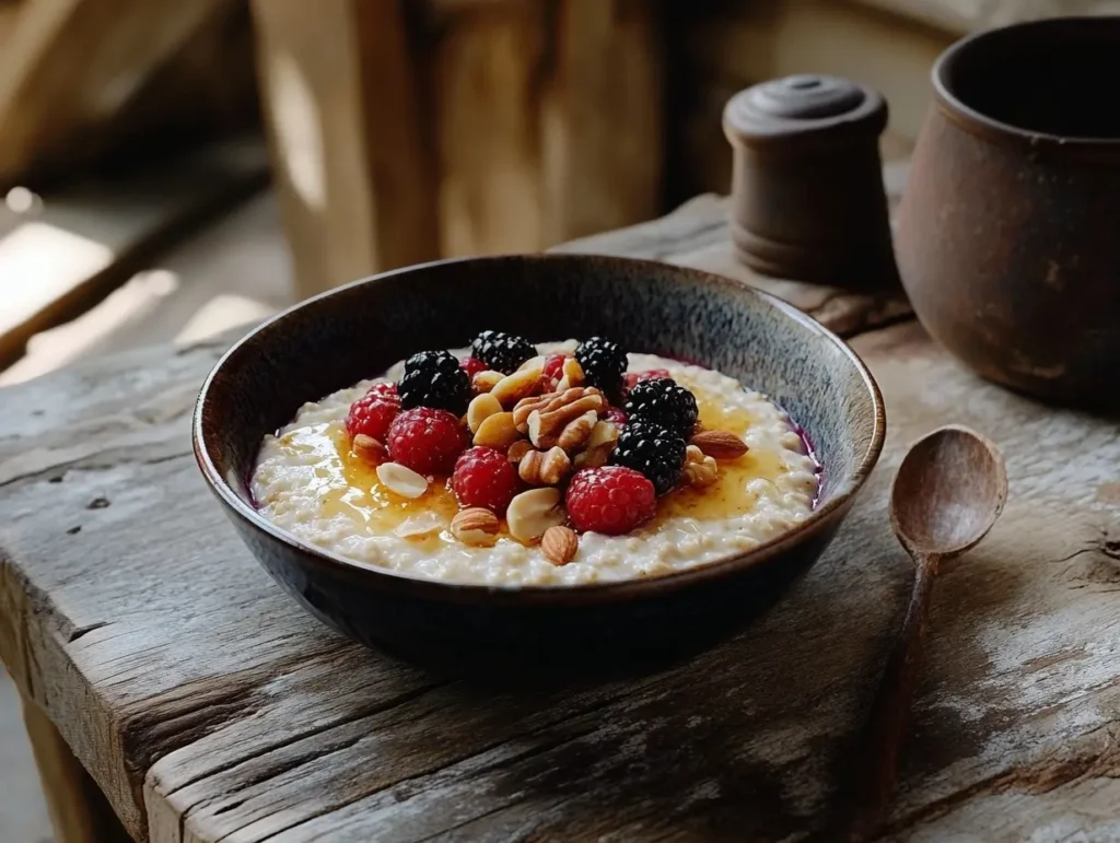 A bowl of oatmeal with berries, nuts, and honey.