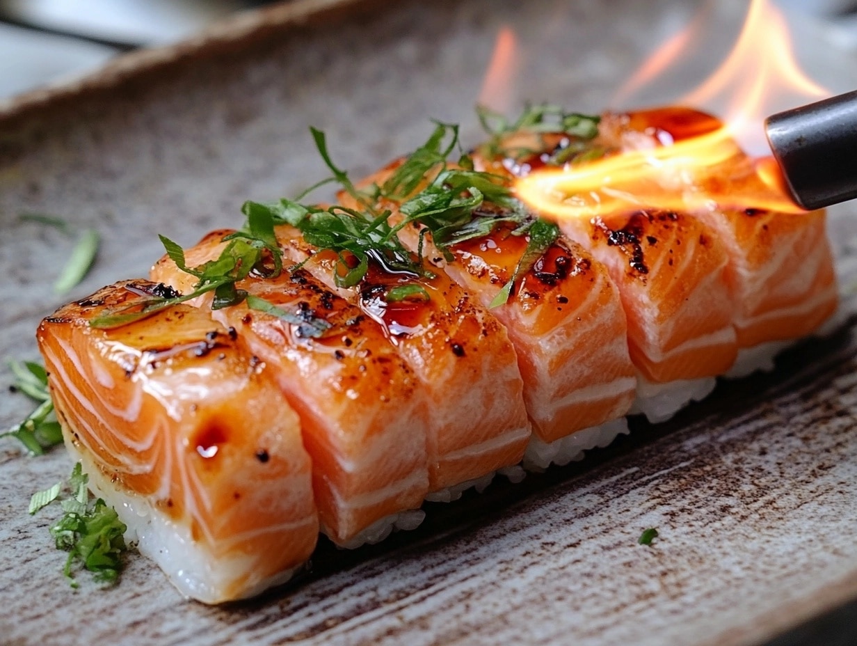 A flame-seared sushi dish garnished with fresh herbs on a ceramic plate.