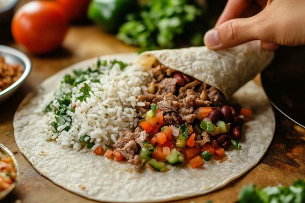 Tortilla with seasoned rice and other fillings during burrito assembly