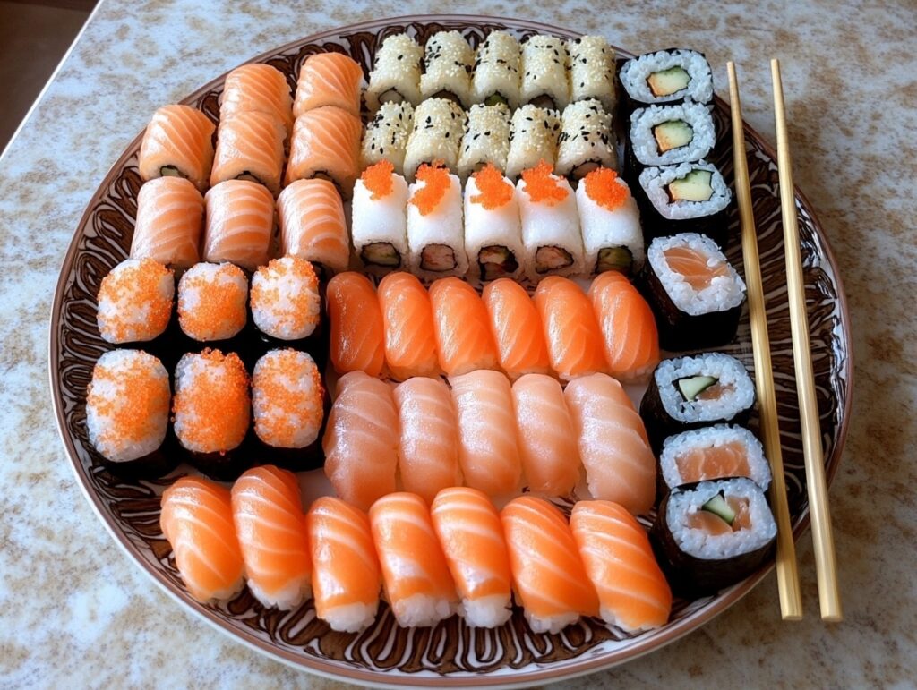 A ceramic plate featuring assorted salmon sushi, including rolls, nigiri, and sashimi, with chopsticks.