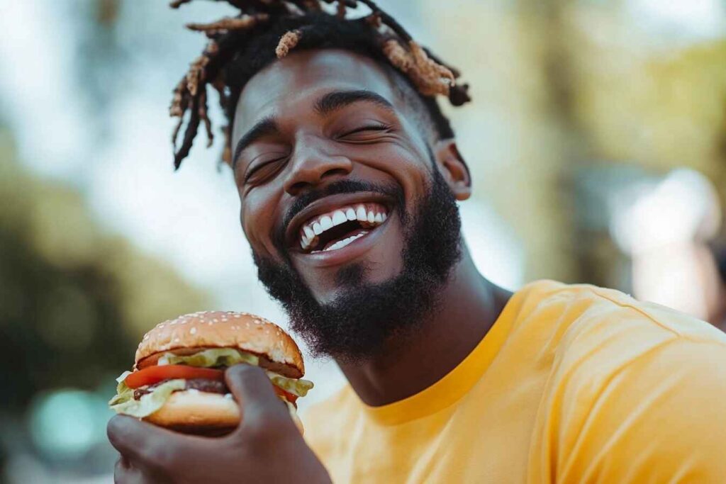 A smiling athlete eating a burger as part of a cheat meal