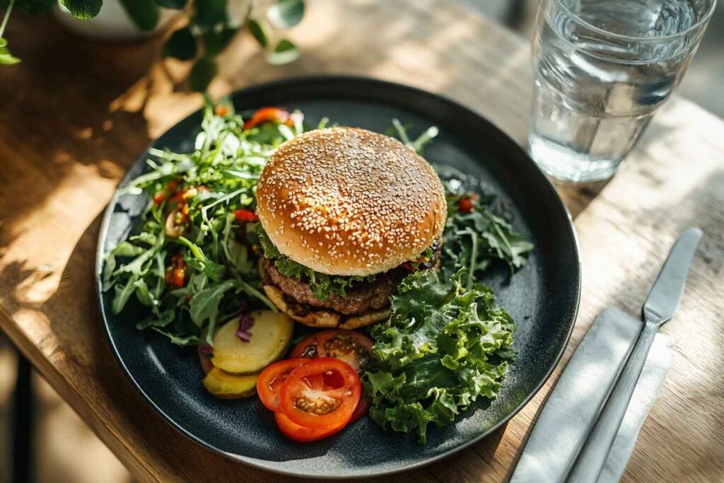 A burger served with a fresh salad and water, showing a healthy meal for athletes.