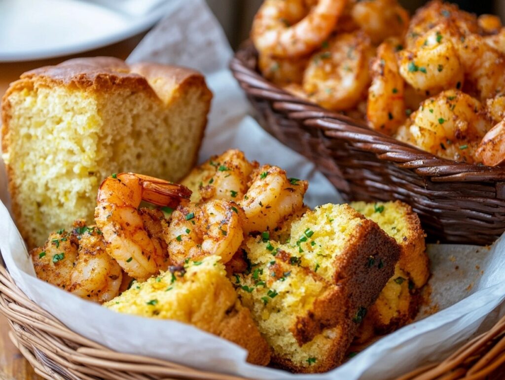 Cornbread and garlic bread with Cajun shrimp on a dining table