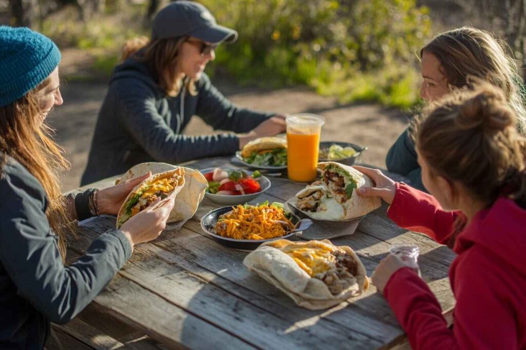 Friends enjoying breakfast burritos outdoors.