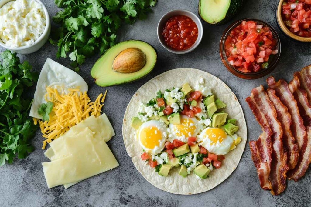 Breakfast burrito ingredients neatly arranged on a table.