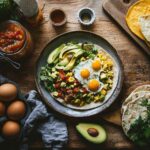 A breakfast burrito and wrap displayed with eggs, avocado, salsa, and flatbread on a wooden table.