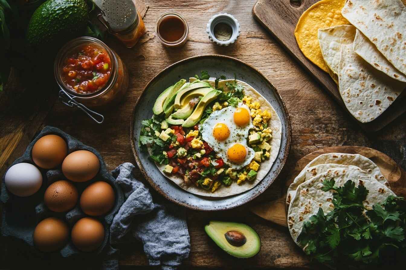 A breakfast burrito and wrap displayed with eggs, avocado, salsa, and flatbread on a wooden table.