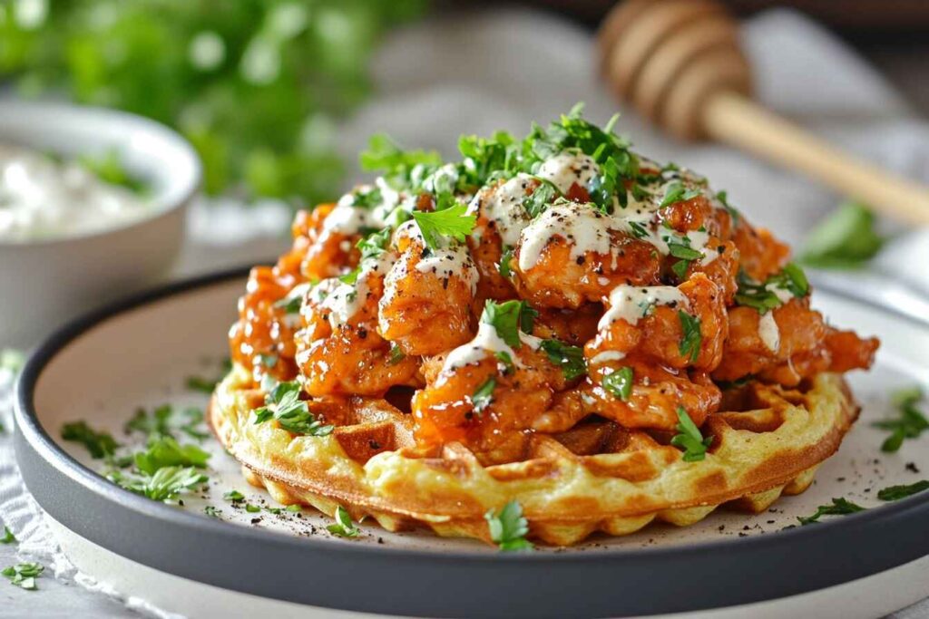 Buffalo chicken on cheddar waffles with spicy honey drizzle and fresh herbs