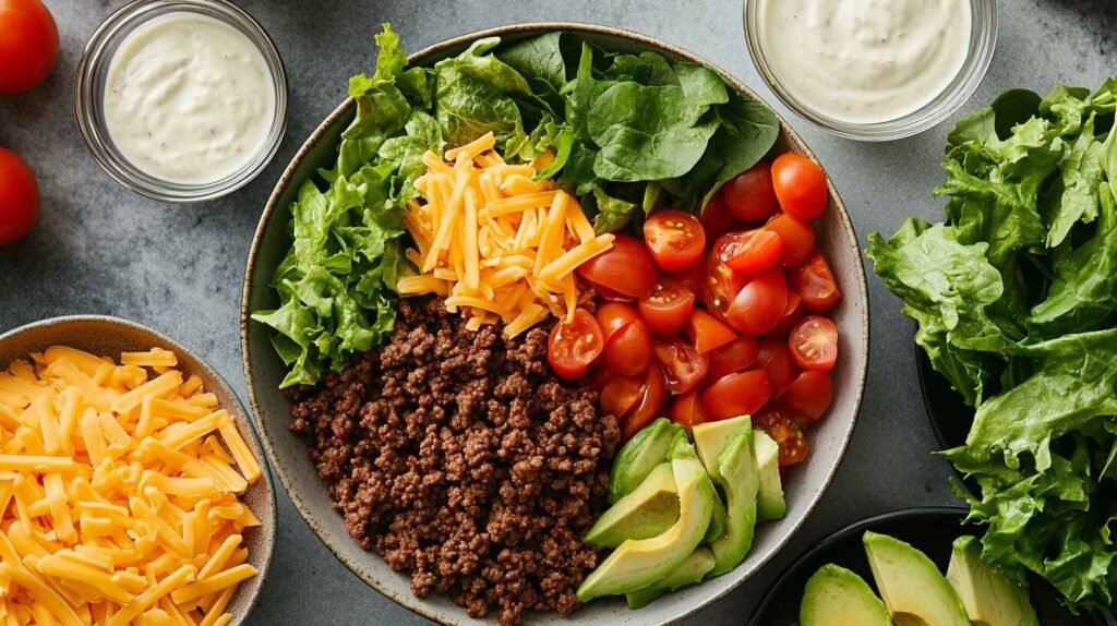 Ground beef, greens, tomatoes, cheese, avocado, and dressing arranged neatly.