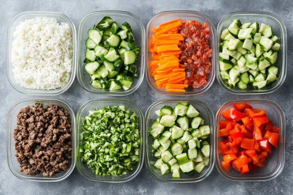 Prepped ingredients in glass containers, showcasing an organized approach to meal prep for balanced dishes