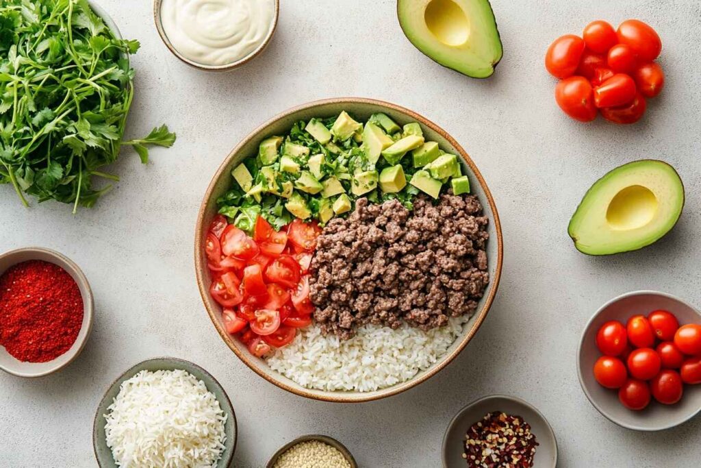 Ingredients for a burger bowl with rice and their nutritional benefits.