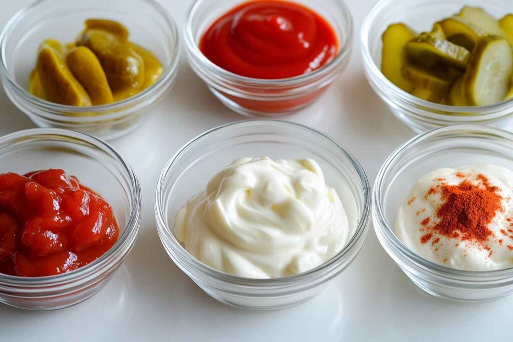 Bowls of mayonnaise, ketchup, and spices used to make burger bowl sauce, displayed on a countertop