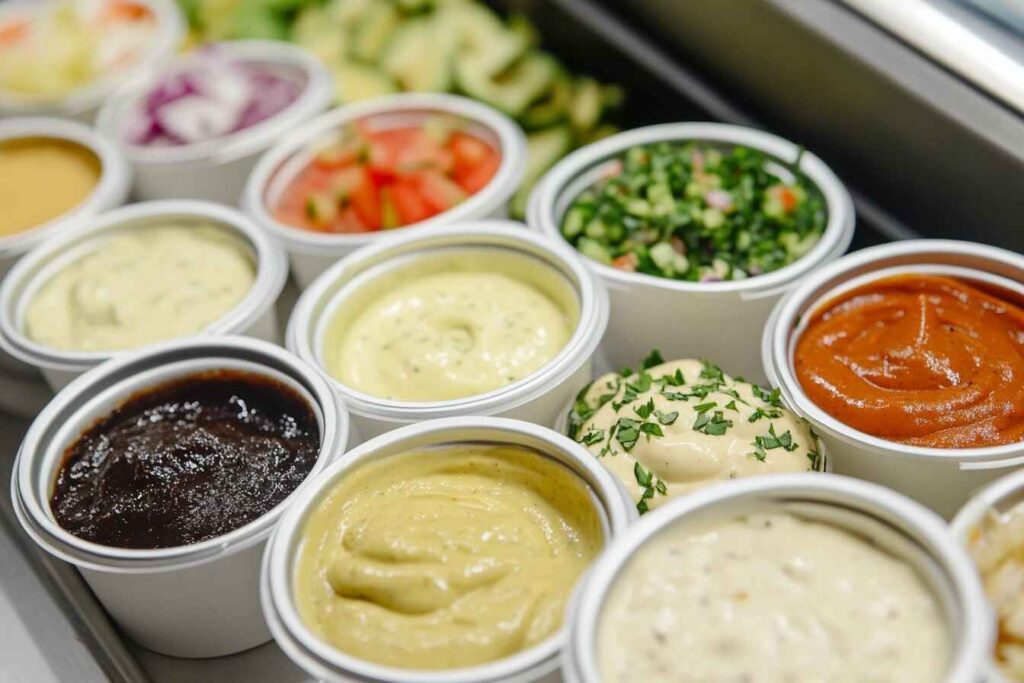 Different Loaded Protein Bowl sauces in small bowls with labels and ingredients for pairing.