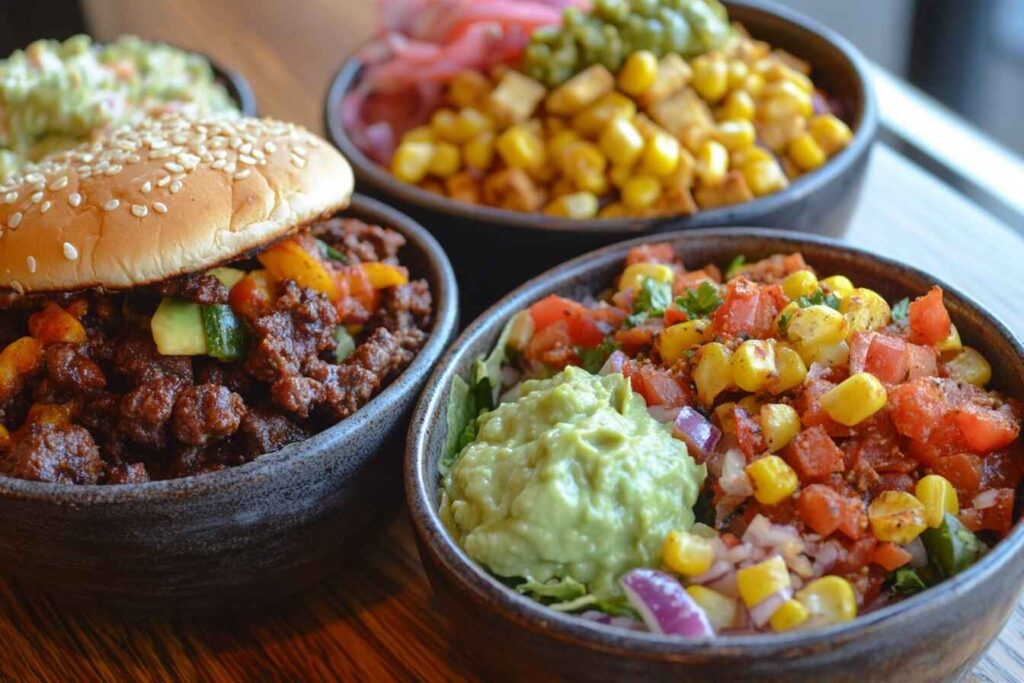 Three unique bowl styles with fresh ingredients like vegetables, proteins, and rice, catering to different dietary preferences