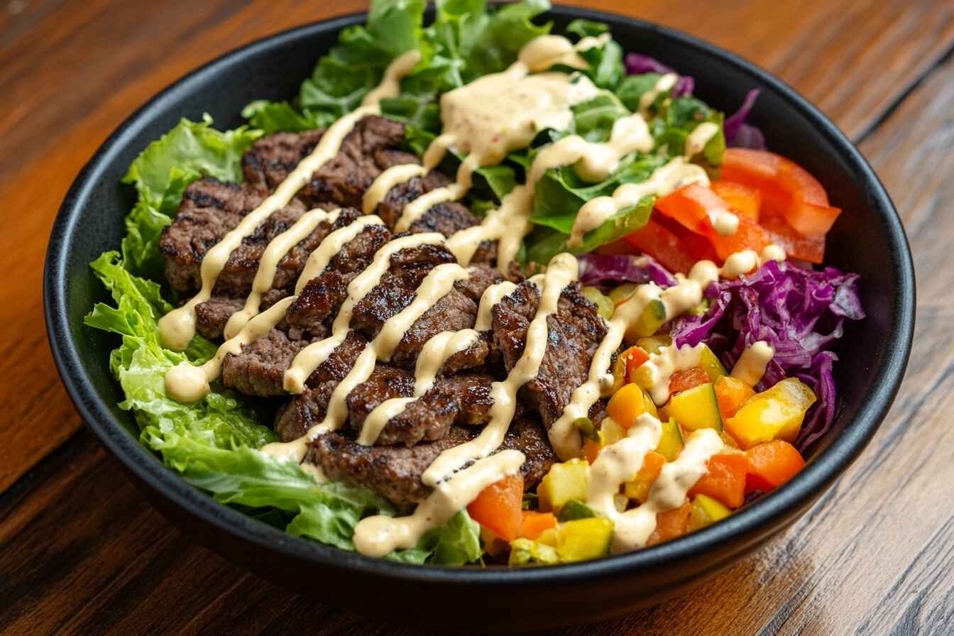 A colorful burger bowl with fresh ingredients and creamy sauce, placed on a rustic wooden table