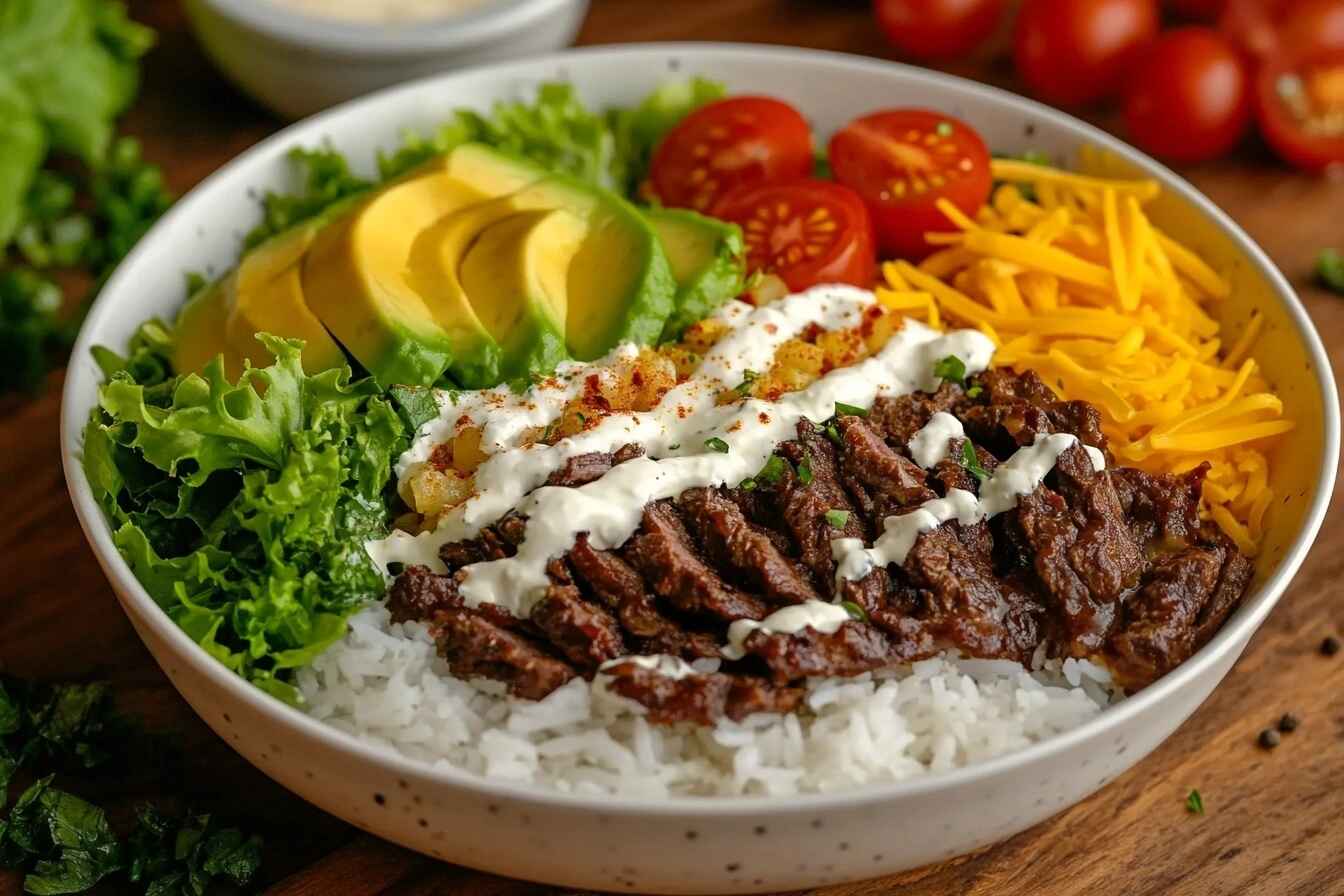 A colorful bowl of rice with beef, fresh vegetables, and dressing, presented on a rustic wooden table