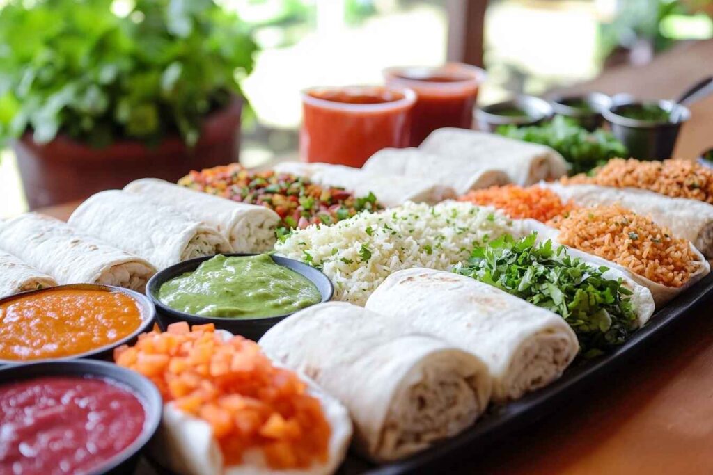 Assorted burritos, including rice-free options, with fresh toppings and sauces.