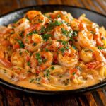 A plate of Cajun shrimp pasta with creamy sauce and garnished with parsley.