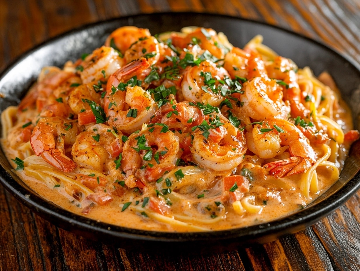 A plate of Cajun shrimp pasta with creamy sauce and garnished with parsley.