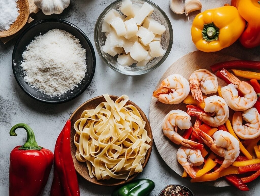 Fresh ingredients for Cajun shrimp pasta on a kitchen counter