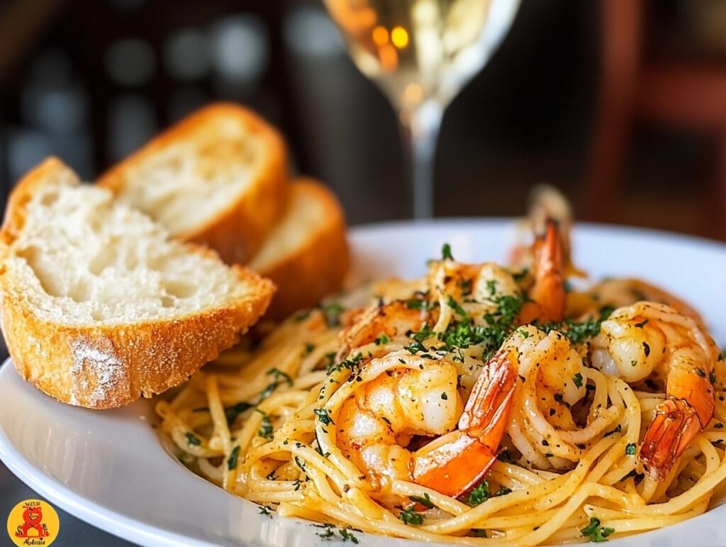 Plated Cajun shrimp pasta with garlic bread and wine