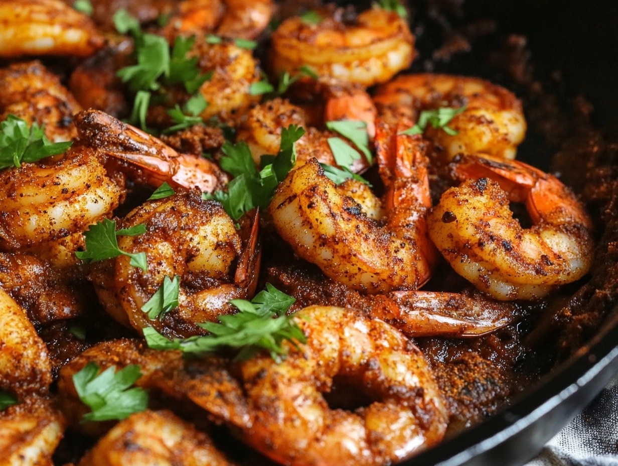 Cajun shrimp in a rustic skillet with Cajun spices and herbs